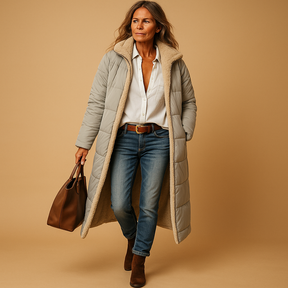Women’s long winter coat with thermal lining and elegant design, perfect for cold days and stylish winter wear.