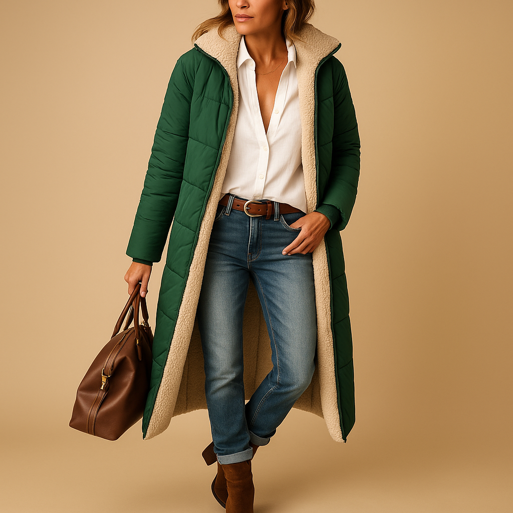 Women’s long winter coat with thermal lining and elegant design, perfect for cold days and stylish winter wear.
