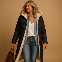 Women’s long winter coat with thermal lining and elegant design, perfect for cold days and stylish winter wear.