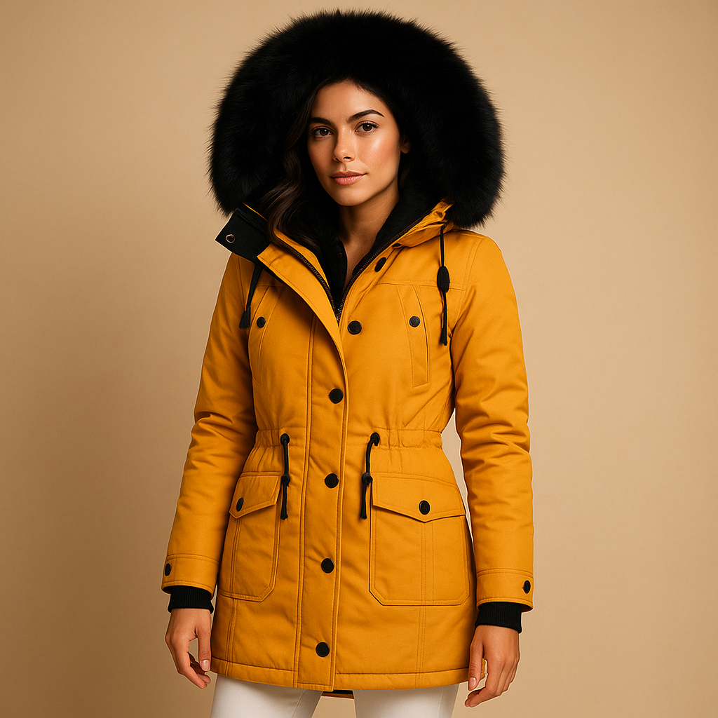 Women's long waterproof winter coat with faux fur hood, available in black, gold, red, green, pink, and yellow – warm and stylish design for cold days
