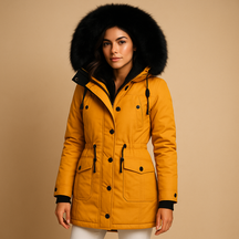 Women's long waterproof winter coat with faux fur hood, available in black, gold, red, green, pink, and yellow – warm and stylish design for cold days