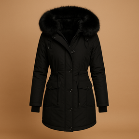 Women's long waterproof winter coat with faux fur hood, available in black, gold, red, green, pink, and yellow – warm and stylish design for cold days