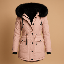 Women's long waterproof winter coat with faux fur hood, available in black, gold, red, green, pink, and yellow – warm and stylish design for cold days