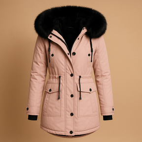 Women's long waterproof winter coat with faux fur hood, available in black, gold, red, green, pink, and yellow – warm and stylish design for cold days