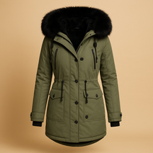Women's long waterproof winter coat with faux fur hood, available in black, gold, red, green, pink, and yellow – warm and stylish design for cold days