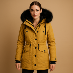 Women's long waterproof winter coat with faux fur hood, available in black, gold, red, green, pink, and yellow – warm and stylish design for cold days