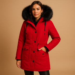 Women's long waterproof winter coat with faux fur hood, available in black, gold, red, green, pink, and yellow – warm and stylish design for cold days