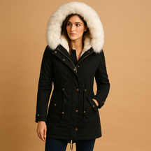 Women’s long waterproof winter coat with faux fur hood, perfect for cold weather, daily wear, and stylish winter layering.