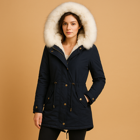 Women’s long waterproof winter coat with faux fur hood, perfect for cold weather, daily wear, and stylish winter layering.