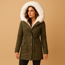 Women’s long waterproof winter coat with faux fur hood, perfect for cold weather, daily wear, and stylish winter layering.