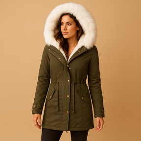 Women’s long waterproof winter coat with faux fur hood, perfect for cold weather, daily wear, and stylish winter layering.