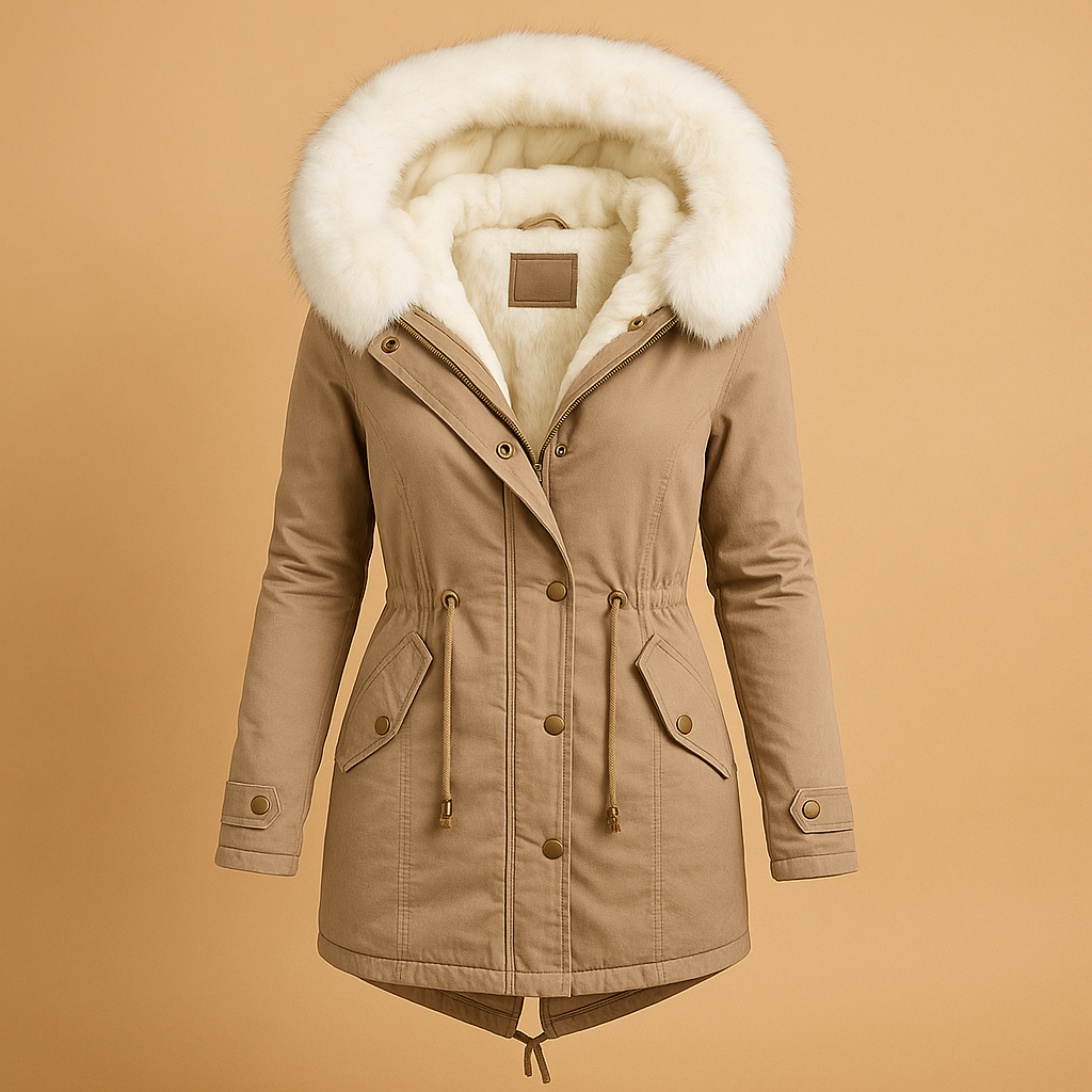 Women’s long waterproof winter coat with faux fur hood, perfect for cold weather, daily wear, and stylish winter layering.