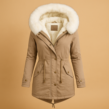 Women’s long waterproof winter coat with faux fur hood, perfect for cold weather, daily wear, and stylish winter layering.