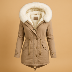 Women’s long waterproof winter coat with faux fur hood, perfect for cold weather, daily wear, and stylish winter layering.