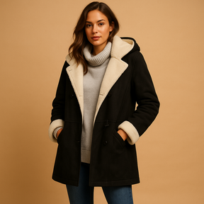 Women's long winter coat with hood in red, black, khaki, green, and gray – warm, stylish and ideal for cold weather