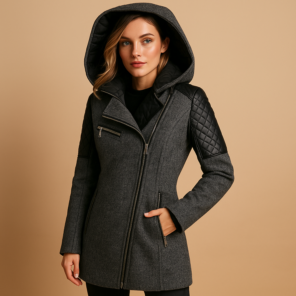 Long winter coat with hood for women in elegant design, ideal for cold weather and versatile styling

