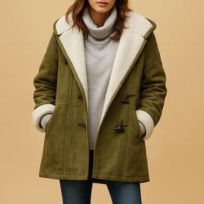 Women's long winter coat with hood in red, black, khaki, green, and gray – warm, stylish and ideal for cold weather