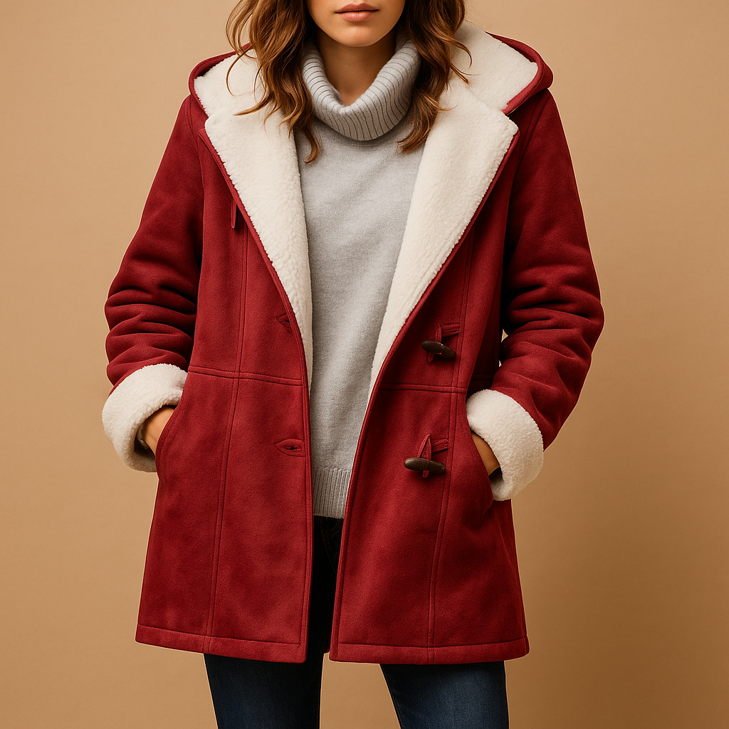 Women's long winter coat with hood in red, black, khaki, green, and gray – warm, stylish and ideal for cold weather