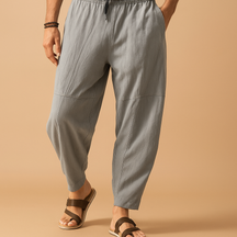 Loose cotton pants for men in grey, white, blue, maroon, beige, and black with breathable fabric and relaxed fit for casual and seasonal wear.