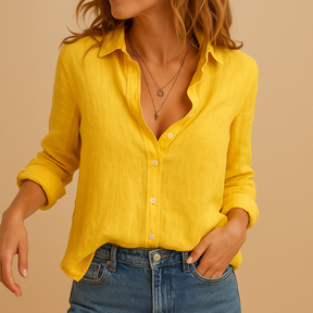 Loose-fit women’s casual blouse with breathable fabric, perfect for fall and spring wear, available in seasonal and neutral colours for versatile styling.