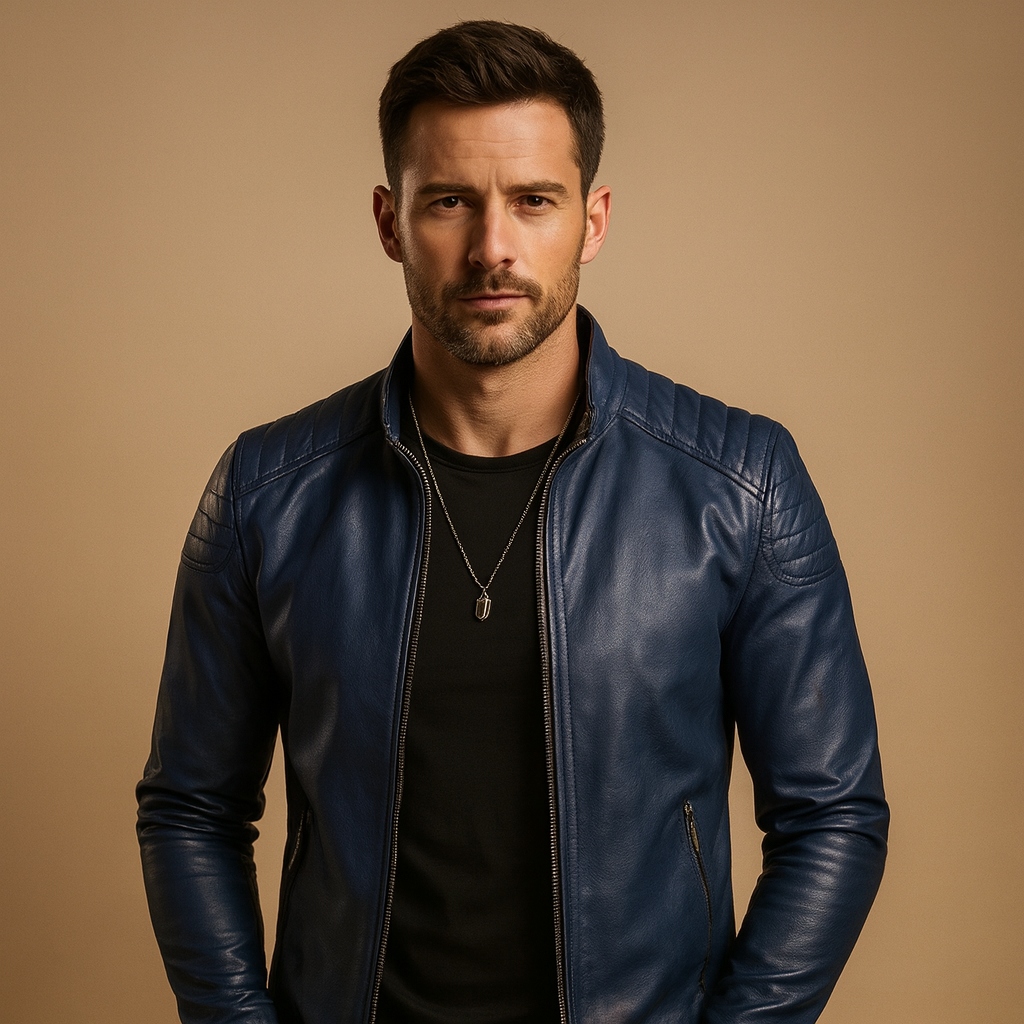 Men’s luxury biker jacket made with soft, breathable material, ideal for both business and casual outfits.