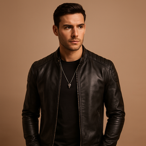 Men’s luxury biker jacket made with soft, breathable material, ideal for both business and casual outfits.