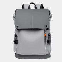 Men’s waterproof PU leather backpack with 15.6-inch laptop sleeve, charging cable access, headphone port, and multiple compartments for daily use