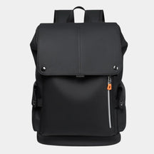 Men’s waterproof PU leather backpack with 15.6-inch laptop sleeve, charging cable access, headphone port, and multiple compartments for daily use
