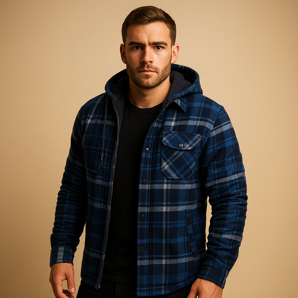 Men’s bomber jacket with hood and warm lining, perfect for protection against wind and cold on winter days.