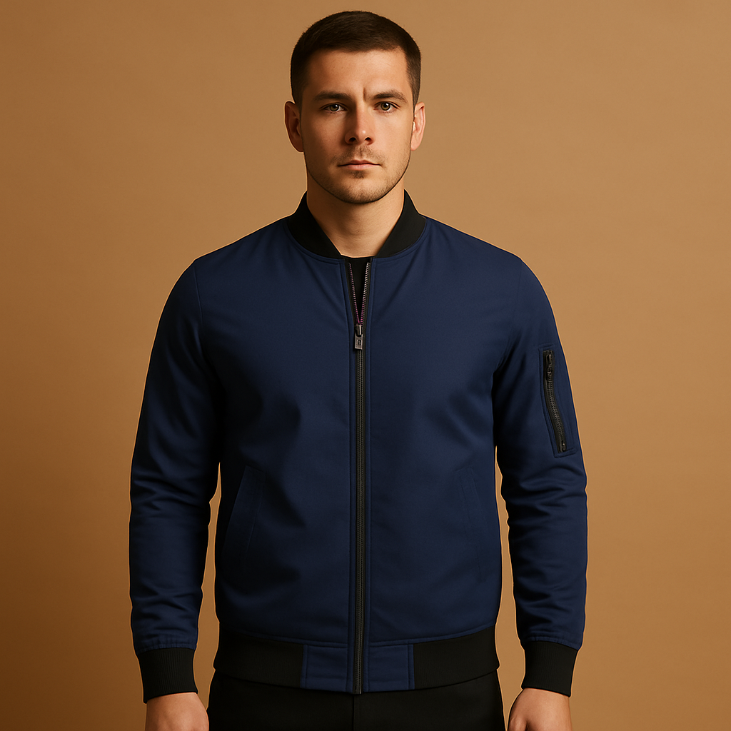 Men’s bomber jacket with zipper, lightweight and durable, perfect for casual wear and versatile styling in any season.