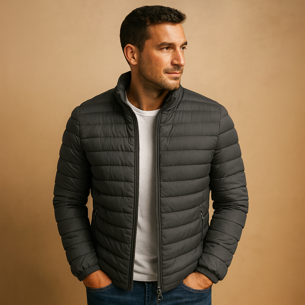 Men’s puffer jacket with hood and insulation, designed for warmth, wind protection, and comfort on cold winter days.