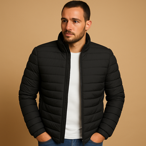 Men’s puffer jacket with hood and insulation, designed for warmth, wind protection, and comfort on cold winter days.