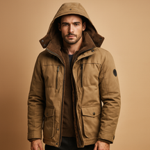 Men’s winter coat with hood and thick insulation, designed for warmth and protection on cold winter days.
