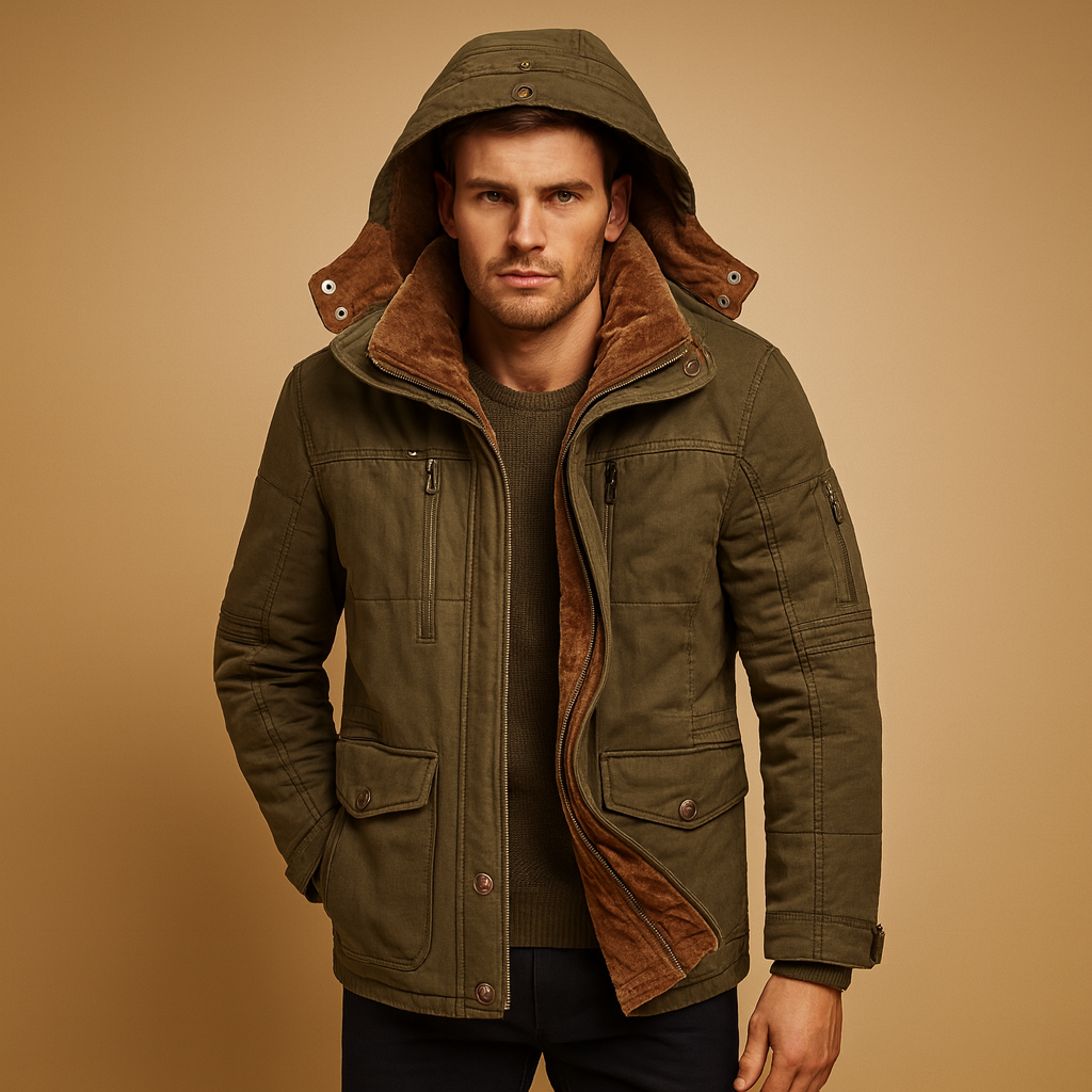 Men’s winter coat with hood and thick insulation, designed for warmth and protection on cold winter days.