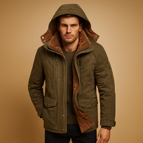 Men’s winter coat with hood and thick insulation, designed for warmth and protection on cold winter days.