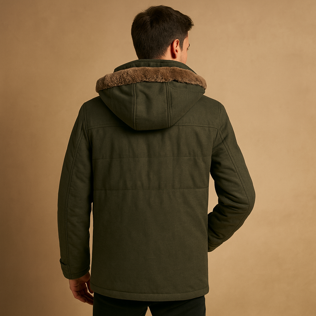 Men’s winter coat with hood and thick insulation, designed for warmth and protection on cold winter days.