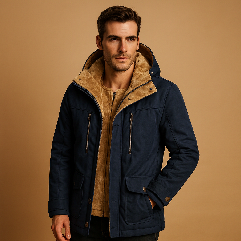Men’s winter coat with hood and thick insulation, designed for warmth and protection on cold winter days.