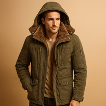 Men’s winter coat with hood and thick insulation, designed for warmth and protection on cold winter days.