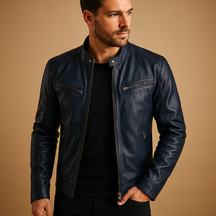 Men’s mid-season PU leather jacket in black, auburn, camel, and navy blue, ideal for casual or formal outfits during spring and fall