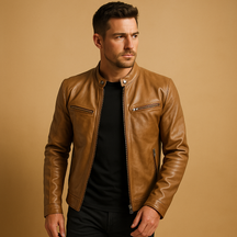 Men’s mid-season PU leather jacket in black, auburn, camel, and navy blue, ideal for casual or formal outfits during spring and fall