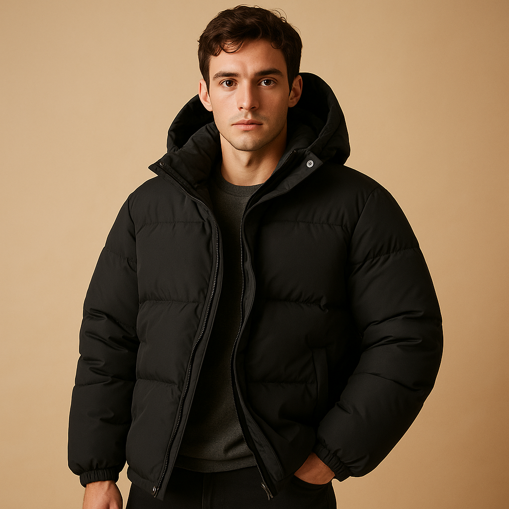 Men’s modern puffer jacket with quilted insulation, hood, lightweight construction, and sporty design, perfect for winter, travel, and outdoor activities.
