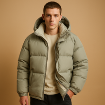 Men’s modern puffer jacket with quilted insulation, hood, lightweight construction, and sporty design, perfect for winter, travel, and outdoor activities.