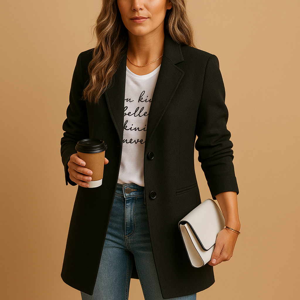 Elegant modern tailored coat for women with slim fit and classic cut, perfect for office wear and stylish evenings.