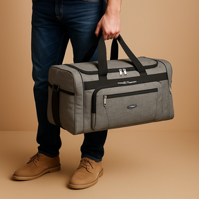Multi-compartment sports duffle bag for men with zippered pockets, spacious interior, and detachable straps, perfect for gym and travel use.