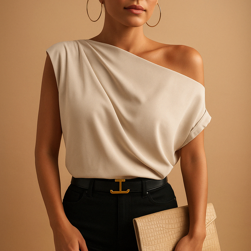 Off-shoulder batwing sleeve top for women in beige, perfect for summer days and casual or elegant occasions.