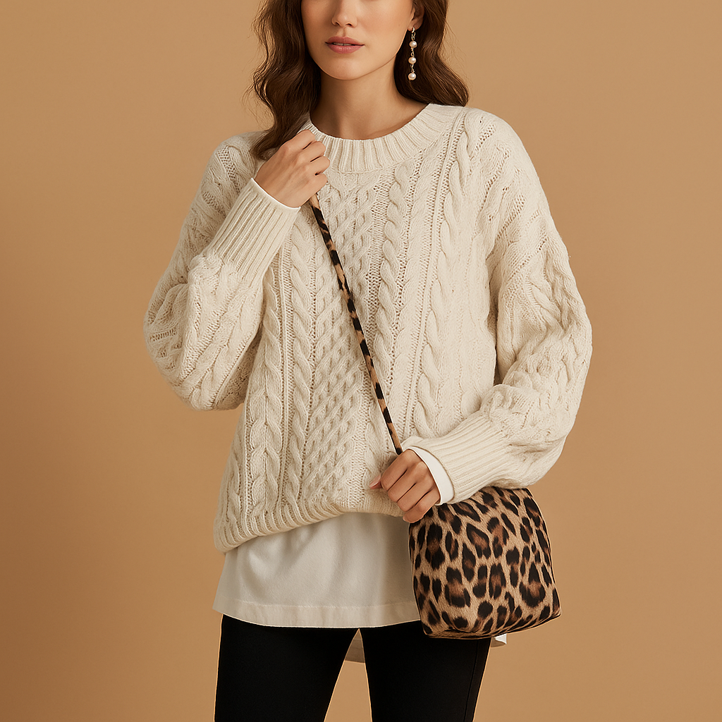 Oversized cable knit sweater for women with chunky pattern and crew neckline, ideal for layering and casual winter fashion.