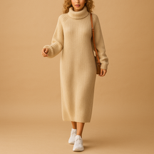Oversized knitted sweater dress for women in soft fabric with long sleeves, ideal for autumn walks or cozy winter days at home.