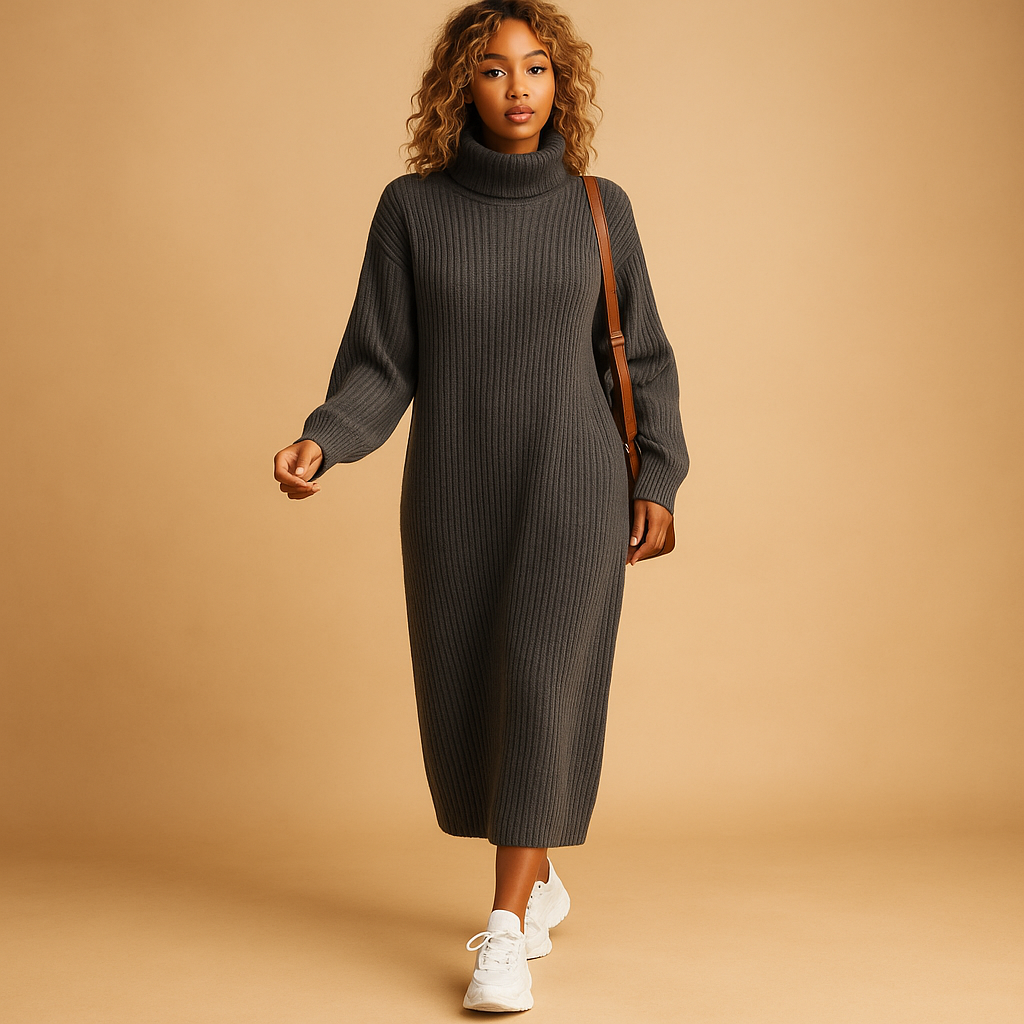 Oversized knitted sweater dress for women in soft fabric with long sleeves, ideal for autumn walks or cozy winter days at home.