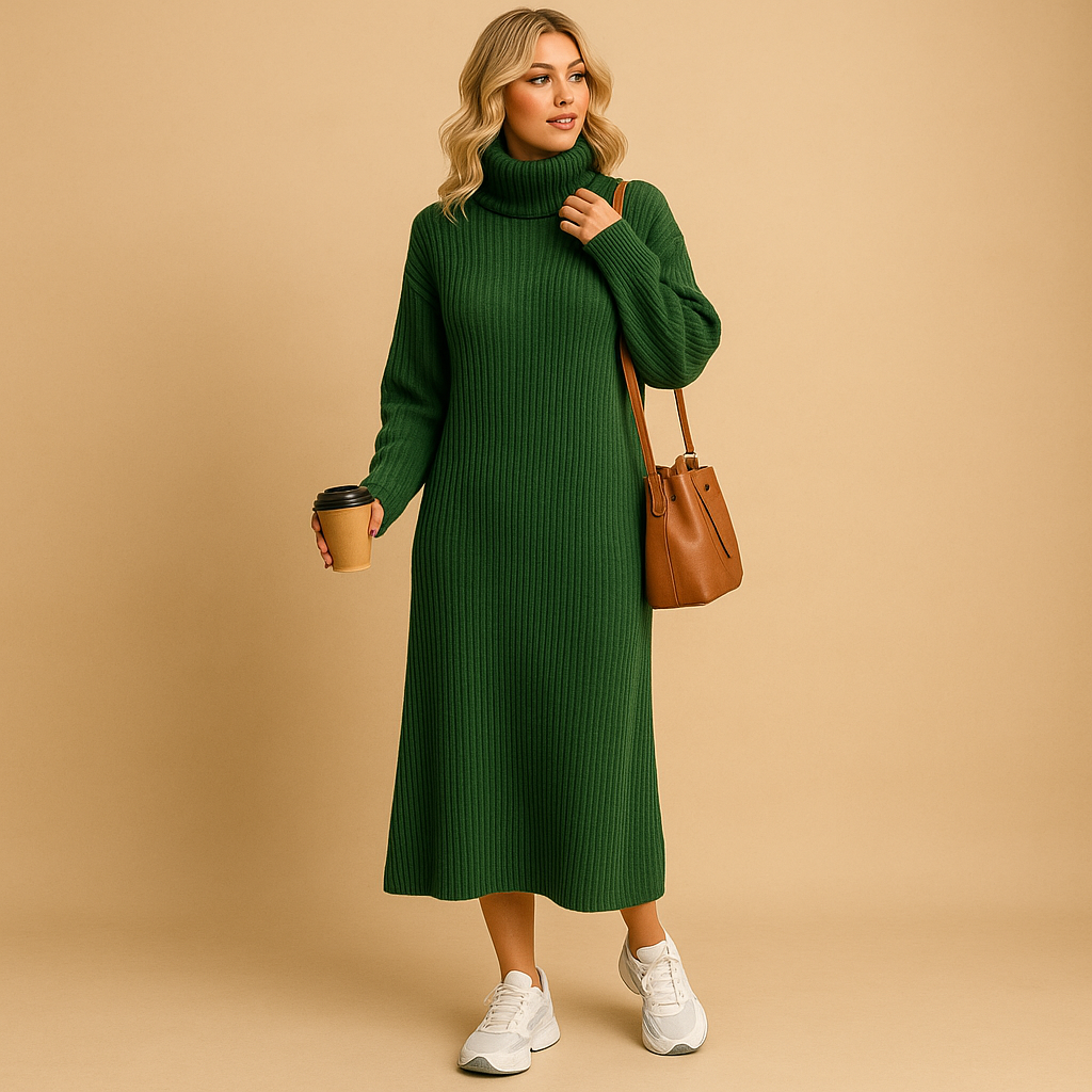 Oversized knitted sweater dress for women in soft fabric with long sleeves, ideal for autumn walks or cozy winter days at home.