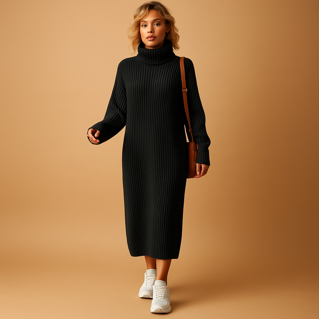 Oversized knitted sweater dress for women in soft fabric with long sleeves, ideal for autumn walks or cozy winter days at home.